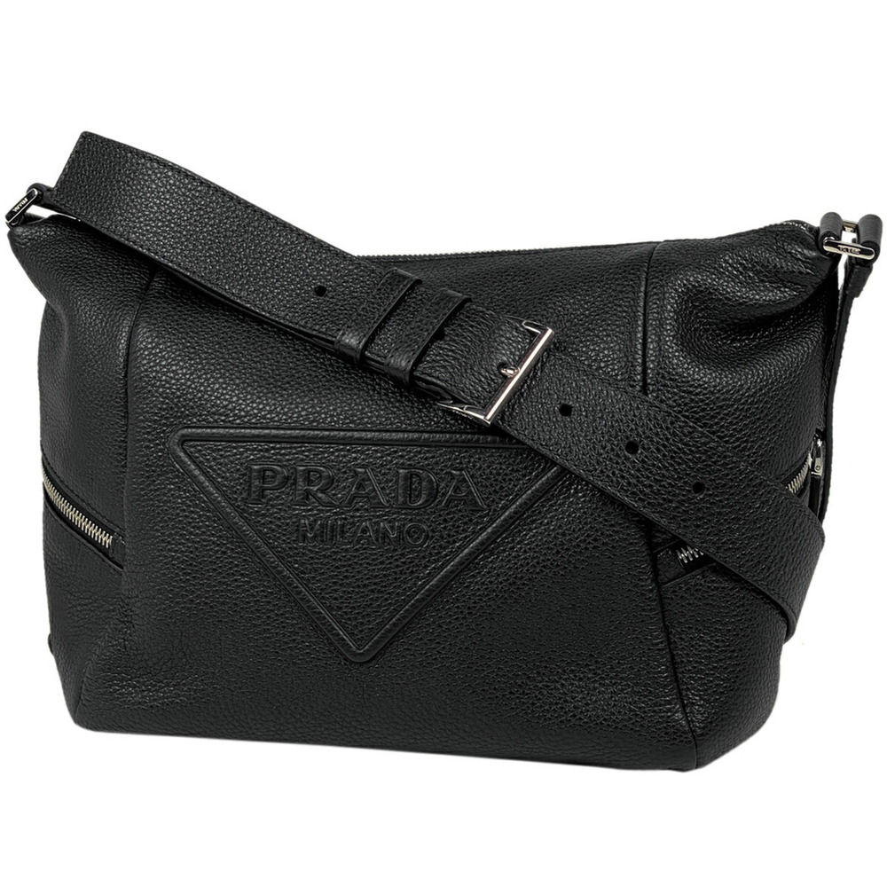 Prada Logo Shoulder Bag Plate Crossbody Leather Nero Black